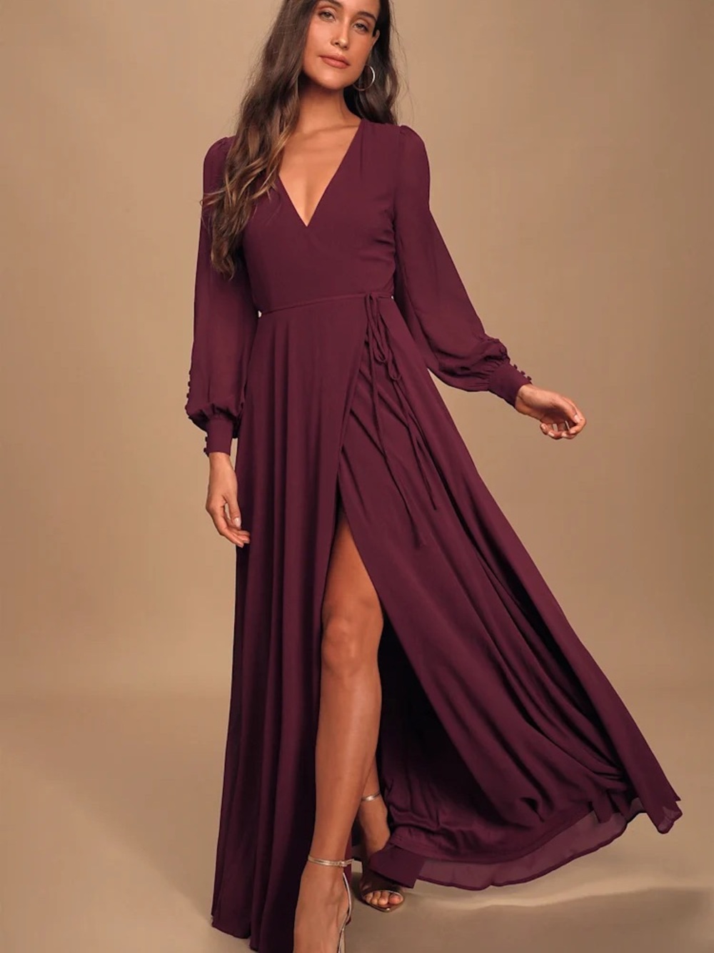 Lulu's Plum Wrap Maxi Dress with Tie Waist